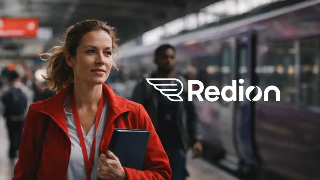 Redion logo displayed next to a person in a professional setting with blurred background